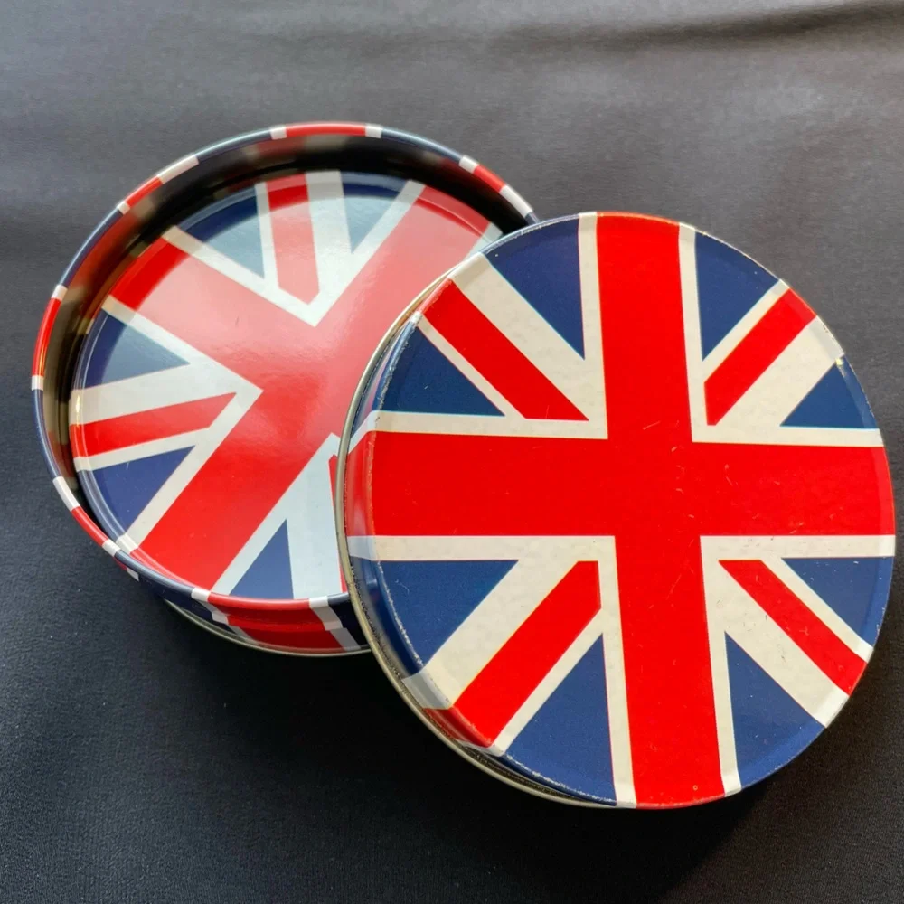 Vintage Union Jack Tin Coaster Set in Matching Tin Cork Base Bar Set
